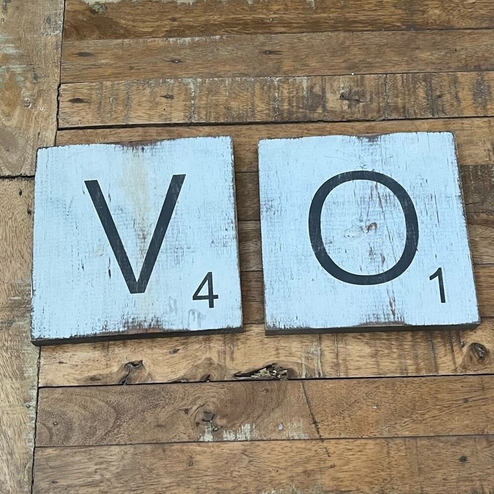 Two Hand Made Rustic Wooden Scrabble Tiles Wooden 7 in x 7" Wall Hangings